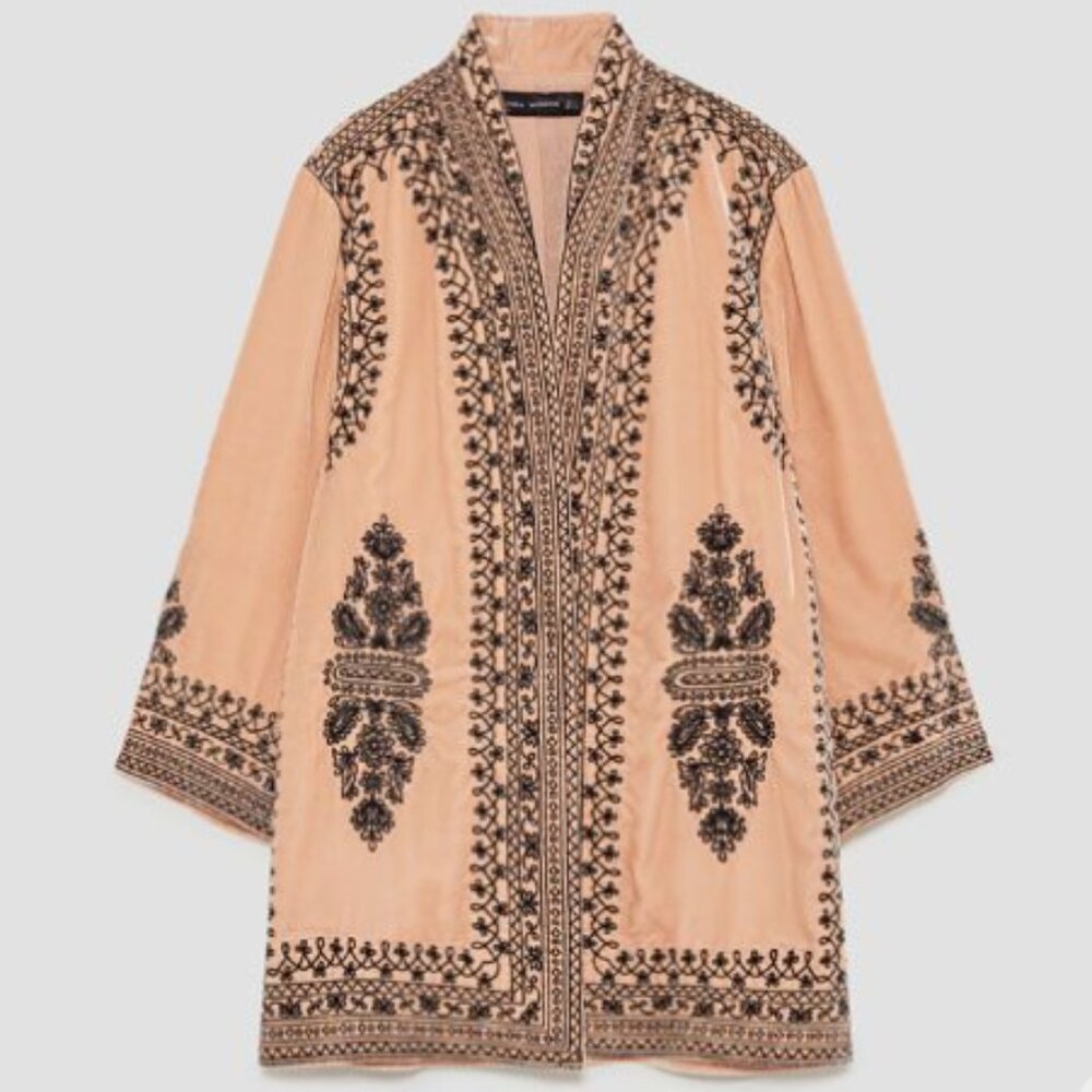 ZARA Embroidered Velvet Kimono in Vanilla with Embroidery in Blue Size M
